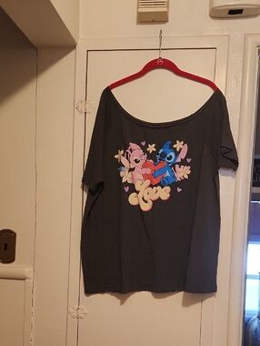 🔥Disney One Shoulder Charcoal Tee with Stitch & Angel Logo